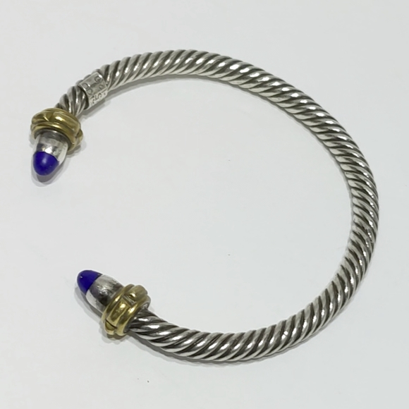 Vintage Mexico 925 Sterling Silver With Lapis Stone Rope Cuff Bracelet - Picture 6 of 13